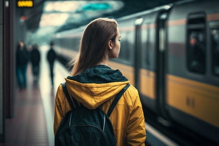 Waiting at Metro Station Young Woman's Perspective as the Train Arrives. AIの素材