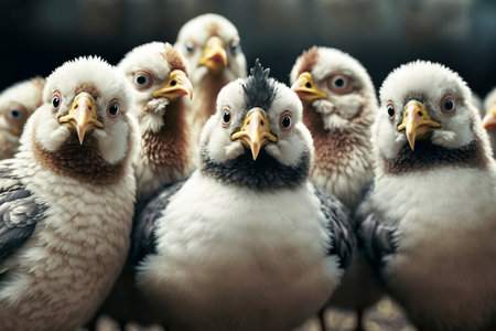 Curious Chicken Encounter: Close-Up of a Flock Engaging the Camera AIの素材