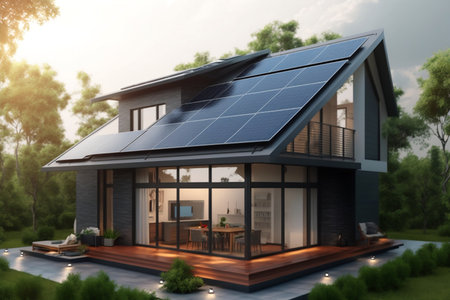Modern House with Photovoltaic Solar Panels on the Roof. AIの素材