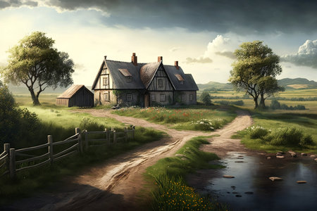 Serene Countryside with Farmhouse. AIの素材