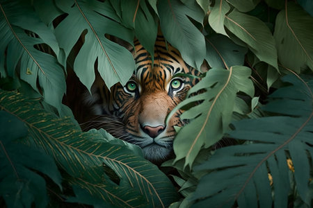 Stealthy Tiger Hiding Among Leaves. AIの素材