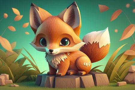 Cute Baby Fox in Cartoon Animation Style. AIの素材