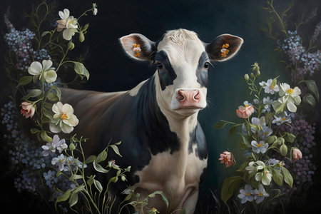 Dynamic Cow Portrait in Stunning Oil Painting with Floral Backdrop. AIの素材