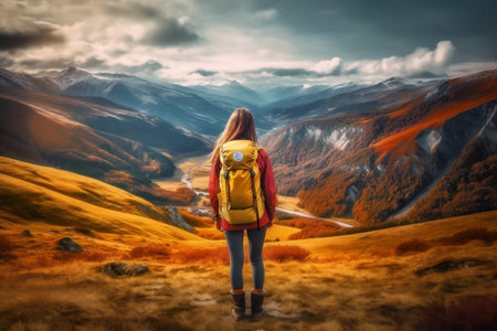 Backpacker Woman in Mountain Landscape Generative AIの素材