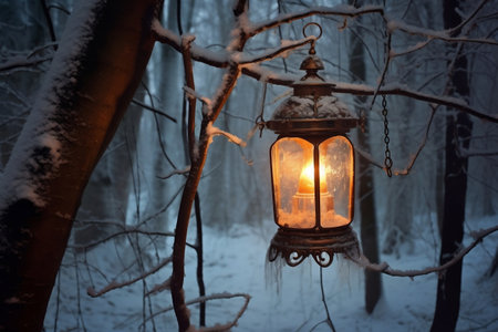 Enchanting Winter Forest Lantern Hanging from Tree Generative AIの素材