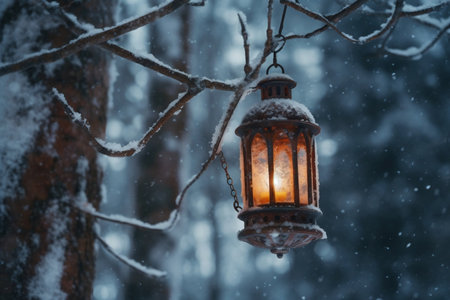 Enchanting Winter Forest Lantern Hanging from Tree Generative AIの素材