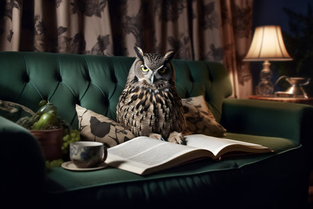 Book-Reading Owl on Sofa Generative AIの素材