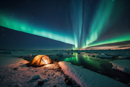 Arctic Camping Under Northern Lights. AIの素材