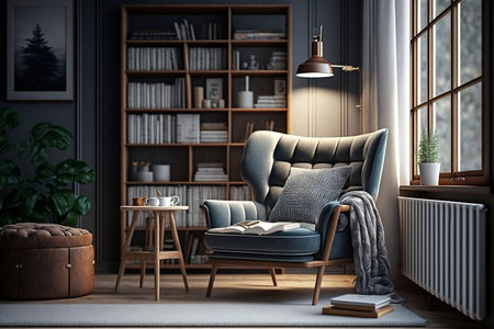 Modern Cozy Room with Scandinavian Bookcase and Armchair. AIの素材