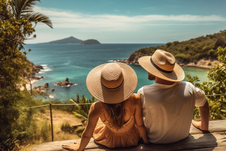 Hat-wearing Couple Relaxing and Admiring Ocean View. AIの素材