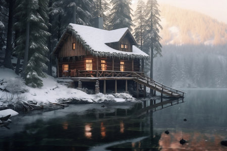Snowy Cabin Retreat: Frozen Lake and Mountain View. Aiの素材