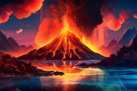 Enchanting Nocturnal Landscape: Mountains, Island, and Volcano. AIの素材