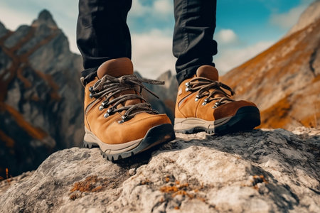 Closeup of Hiking Boots on a Mountain Climber. AIの素材