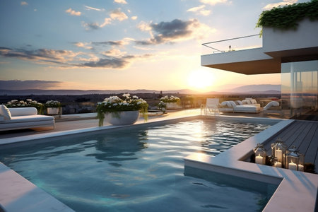 Luxurious Penthouse Terrace with Pool. AIの素材