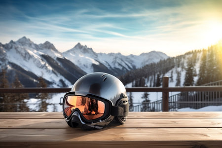 Ski Helmet and Photo Equipment on Wooden Table, Mountain Resort with Stunning View. AIの素材