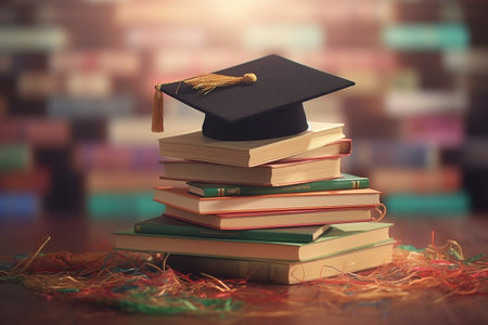 Stack of Books with Graduation Cap under Spotlight. AIの素材