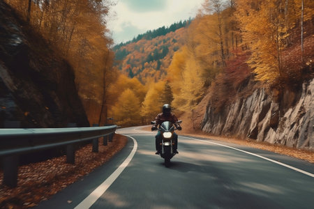 Motorcycle Rider Cruising Along Alpine Road. AIの素材