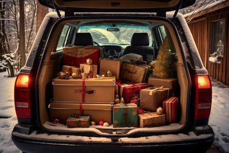 Festive Car Trunk Packed with Holiday Gifts and Christmas Presents. AIの素材