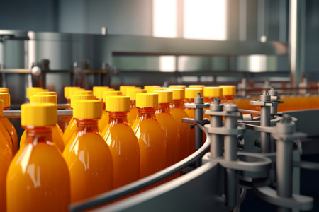 Juice Bottle Filling on Conveyor Belt - Industrial Food Production. AIの素材