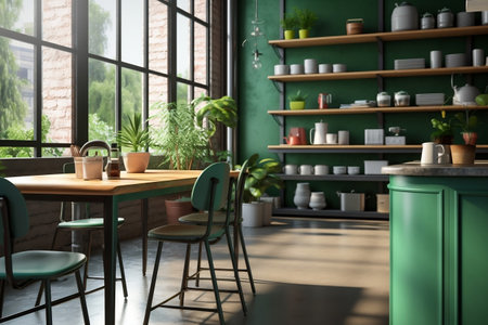 Empty Loft Cafe Kitchen with Table on Blurred Green Background. AIの素材