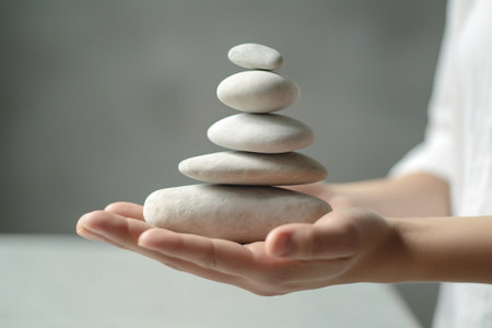 Balancing White Natural Stone Stack for Harmony and Positive Mind. AIの素材