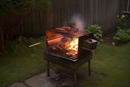 Cozy Backyard Grill with Small Fire for Food Roasting. AIの素材