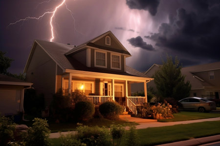 Thunderstorm Illuminating a Suburban House. AIの素材