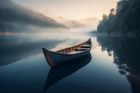 A serene lake with a single boat. AIの素材
