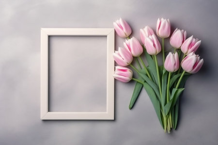 Empty White Wooden Picture Frame with Pink Tulips. AIの素材