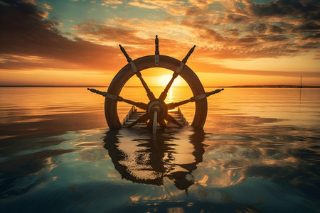 Boat's Wheel Reflecting in Water During Sunrise/Sunset. AIの素材