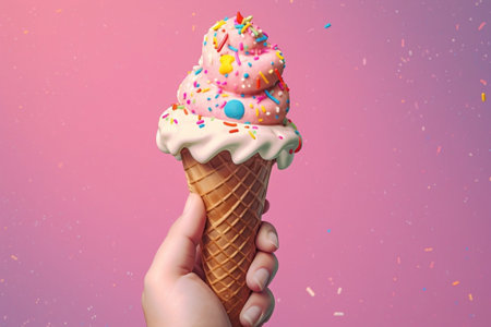 Ice cream cone with colorful sprinkles held in a hand. AIの素材