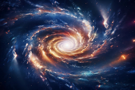 Cosmic spiral: Stellar radiance and central brilliance in a galactic whirlpool. AIの素材