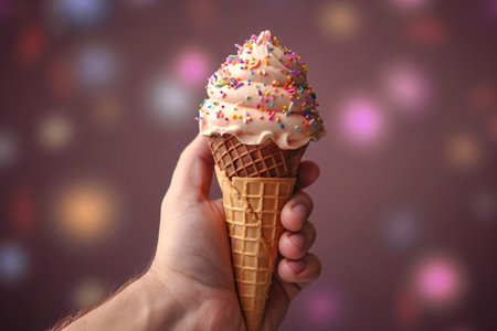 Ice cream cone with colorful sprinkles held in a hand. AIの素材