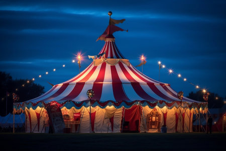 Shimmering lights illuminate a vibrant circus tent. AIの素材