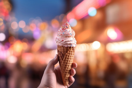 Colorful ice cream cone with sprinkles held in hand amidst vibrant lights. AIの素材