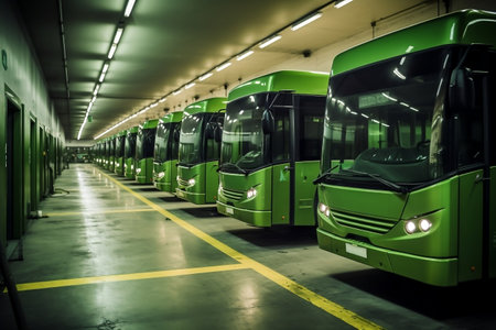 electric buses lined up in green color. AIの素材