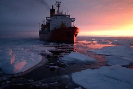 An icebreaker ship forcefully navigating through the Arctic ice. AIの素材