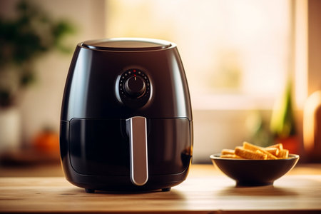 A black air fryer or oil-free fryer appliance placed on a wooden table. AIの素材