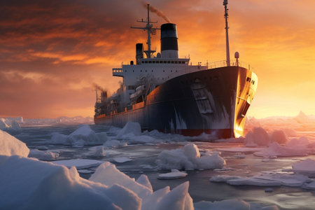 An icebreaker ship forcefully navigating through the Arctic ice. AIの素材