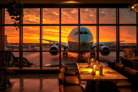 An airplane and sunset viewed from an airport lounge. AIの素材