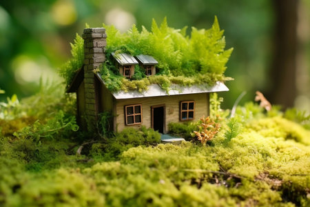 A tiny wooden house nestled in a bed of spring grass, adorned with moss and ferns on a sunny day. AIの素材