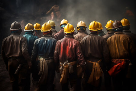 A group of helmet-wearing mine workers seen from behind AIの素材