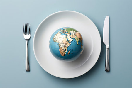 Globe on a Plate with Utensils on a Light Background AIの素材