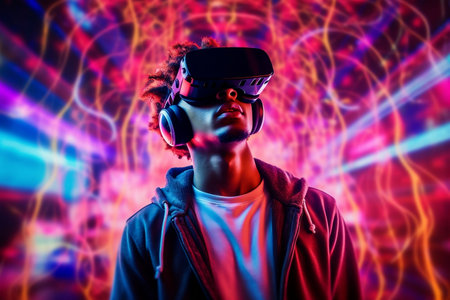 Virtual Reality Experience Young Man with Neon Lights and VR Headset AIの素材