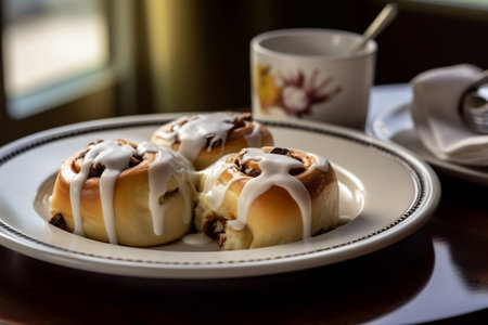 Plate of warm cinnamon rolls with icing drizzle AIの素材