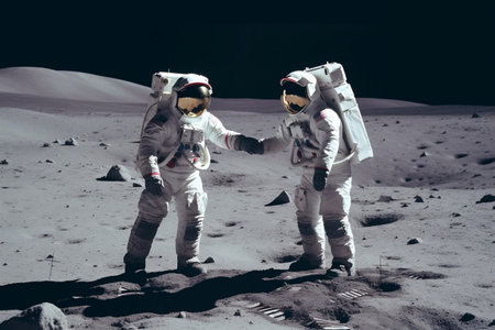 Two astronauts exchanging a handshake in front of a heart-shaped object on the lunar surface AIの素材