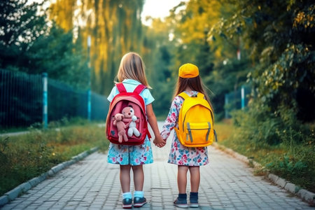 In summary, two girls holding hands with backpacks, seen from behind AIの素材