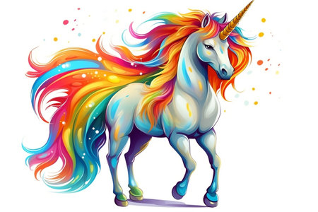 Cartoon character of a magical unicorn with a rainbow mane AIの素材