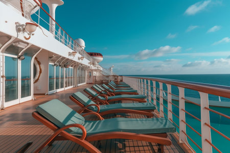 Cruise Ship Deck Expansive, Pristine, Lounge Chairs, Blue Sky AIの素材