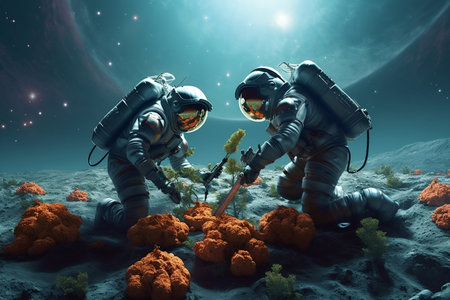 Astronaut Team Planting Vegetable Garden on Distant Planet AIの素材